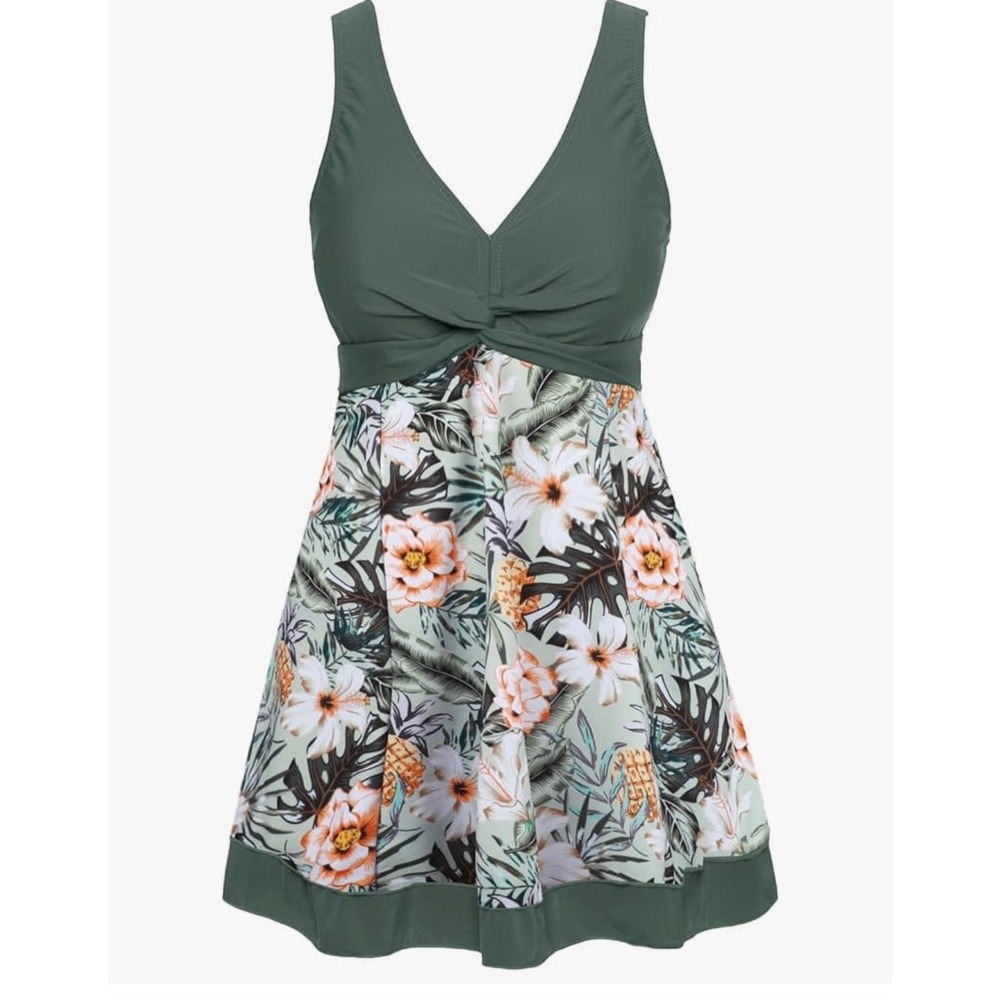 Summer Mae Women Olive Green Tropical Pineapple Floral V-Neck Swim Dress NWT